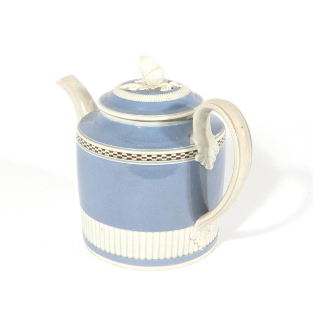 English Pearlware Blue Slip Teapot & Cover with Engine-Turned Fluting, English, probably Staffordshire or Yorkshire, Circa...