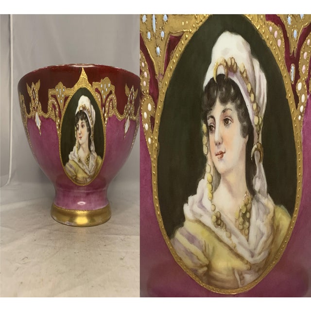 Antique Limoges Tressemanes and Vogt (T&V) Hand Painted Royalty Portrait Punch Bowl for your consideration. The punch bowl...