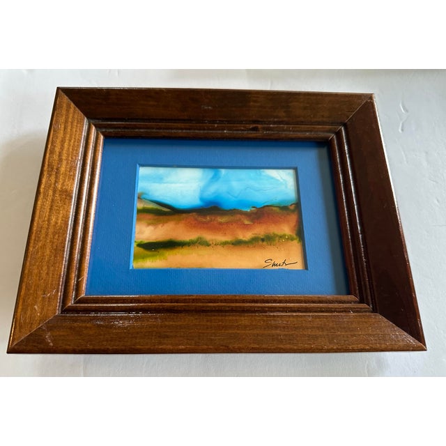 Abstract Landscape on Yupo paper. In blue mat and vintage frame.