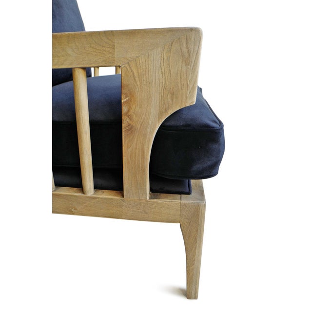 Wood Wingback Navy Velvet Arm Chair For Sale - Image 7 of 7