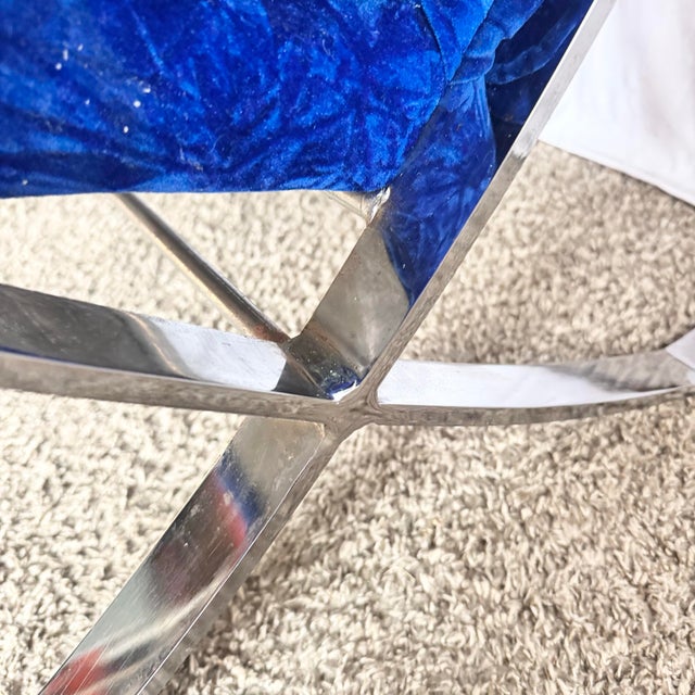 Mid Century Modern Chrome Scissor X Lounge Chairs With Blue Fabric - A Pair For Sale - Image 10 of 12