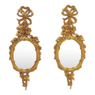 Pair of Italian Gilt Composite Wood Wall Mirrors Ribbon & Bow Italy For Sale