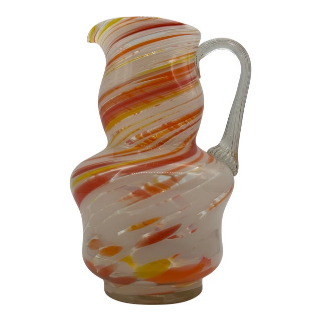 Vintage Italian Blown Glass Pitcher in the Manner of Murano Orange Red Yellow For Sale
