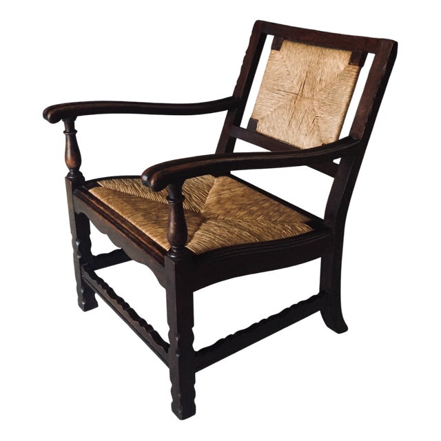 Low Arts & Crafts Oak & Rush Armchair, Belgium 1920s For Sale