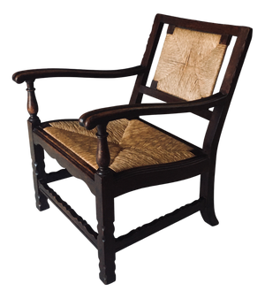 Low Arts & Crafts Oak & Rush Armchair, Belgium 1920s