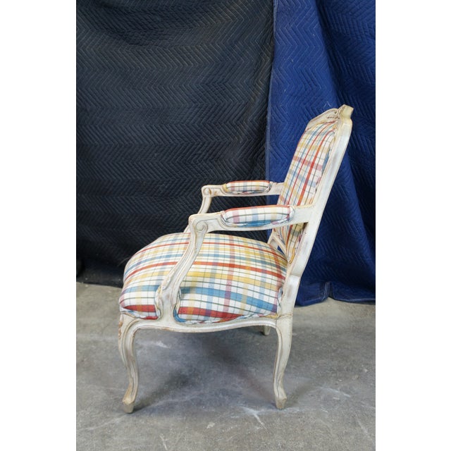 Wood Mid 20th Century Vintage French Provincial Louis XV Fauteuil Plaid Library Lounge Armchair For Sale - Image 7 of 11