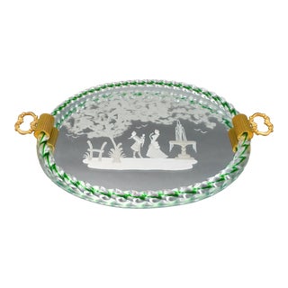 Vintage Murano Italy Venetian Green Glass Rope Scenic Etched Mirror Serving Vanity Tray For Sale