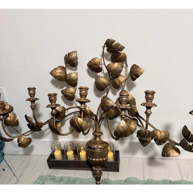 Large Vintage Gold Metal Leaf 7-Candle Wall Candelabra For Sale - Image 14 of 14
