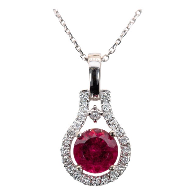 6mm, 1ct Rubellite Tourmaline Pendant W Natural Diamond Halo in Solid 14k Gold For Sale