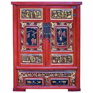 Antique Red Gilded Fully Carved Scholar's Cabinet