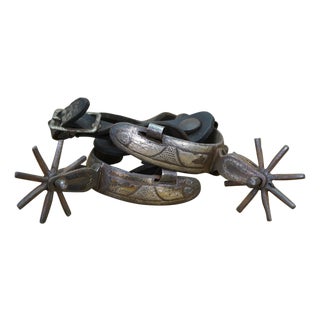 Antique Southwestern Mexican Spanish Cowboy Iron Copper Inlay Horse Spurs For Sale