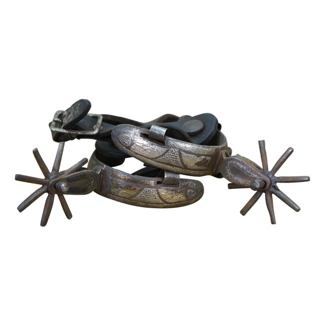 Antique Southwestern Mexican Spanish Cowboy Iron Copper Inlay Horse Spurs For Sale