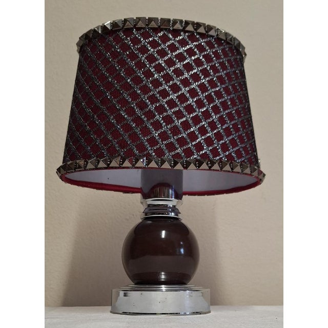 Vintage Table Lamp with Chrome-Plated Metal Base, Brown Ceramic Elements, and Fabric Shade, 1970s For Sale - Image 6 of 8
