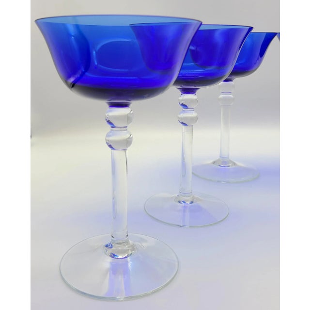 Art Deco Vintage 1940s Deco Cobalt Sapphire Blue Martini Coup Glasses -Set of 6 For Sale - Image 3 of 11