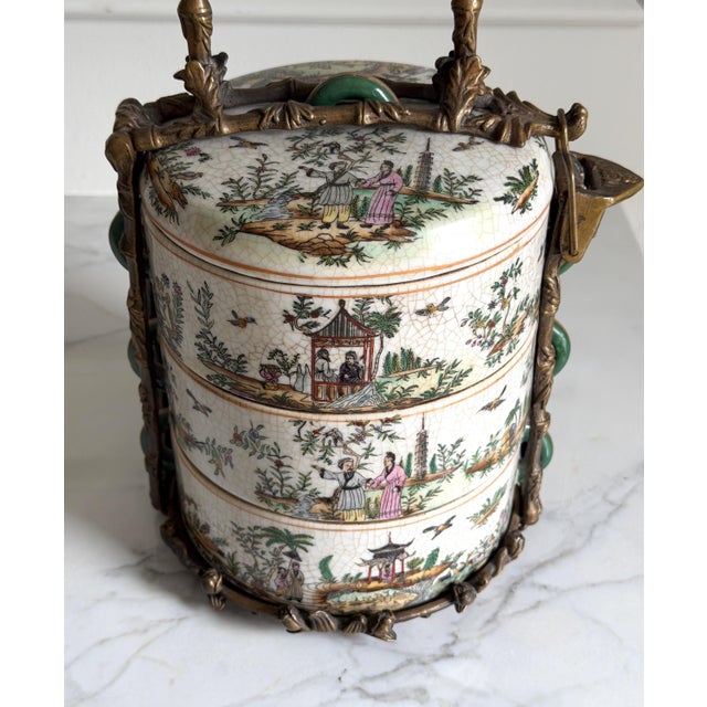 Mid 20th Century Vintage Chinoiserie Famille Rose Crackled Ceramic Stacking Lunch Box 12"x6.25" For Sale - Image 5 of 18