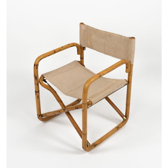 Midcentury amazing folding director chair in bamboo, fabric and brass. Made in Italy in the 1960s.