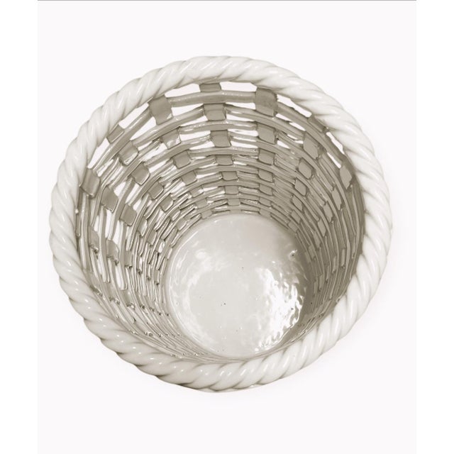 For your consideration. . . A vintage hand-made white ceramic woven basketweave designed umbrella stand made in Italy,...