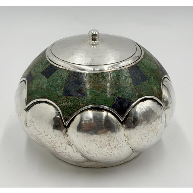Los Castillo Los Castillo Taxco Silver Plate & Malachite Lidded Bowl, Mexico 1960s For Sale - Image 4 of 18