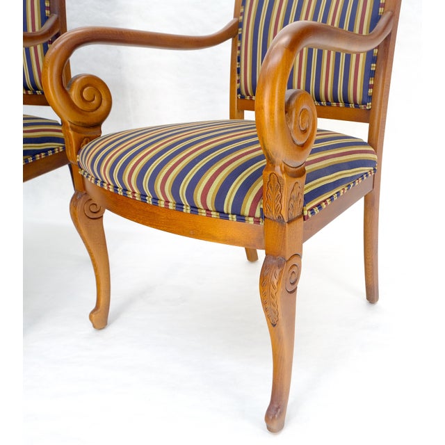 Hollywood Regency Pair of Regency Style Carved Open Arm Fireside Lounge Chairs Stripe Upholstery For Sale - Image 3 of 18