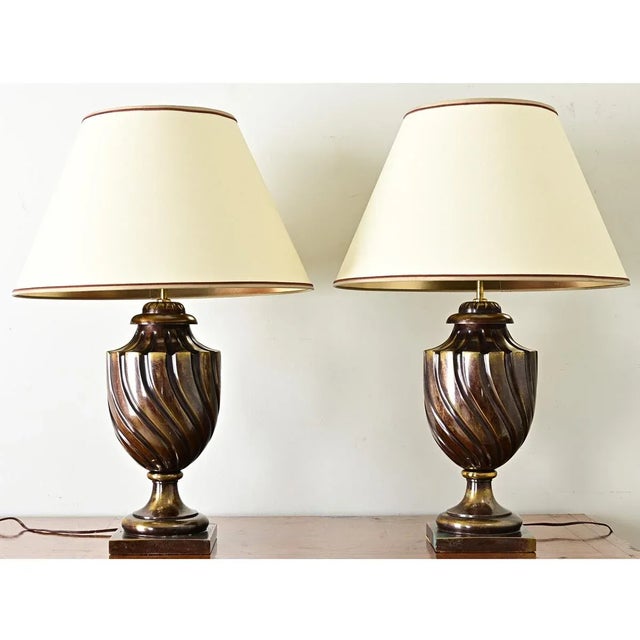 French Pair of Vintage Heavy Brass Urn Table Lamps For Sale In Baton Rouge - Image 6 of 12