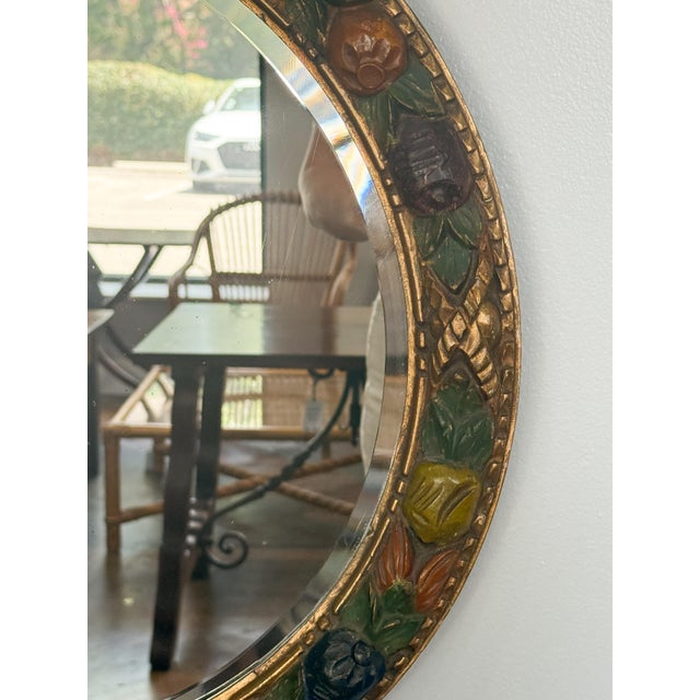 Dark Green Round Barbola Bevel Mirror With Relief of Fruit From England (Diameter 22 1/4) For Sale - Image 8 of 9