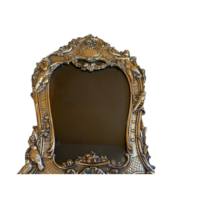 1900s Sterling Silver Jr .925 Art Nouveau Ornate Angel Cherub Bird Flowers Picture Photo Frame For Sale - Image 4 of 7