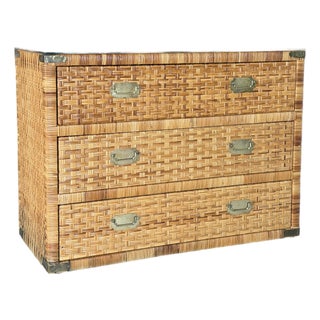 Late 20th Century Refinished Rattan Wrapped Campaign Chest Manner of Bielecky Brothers For Sale