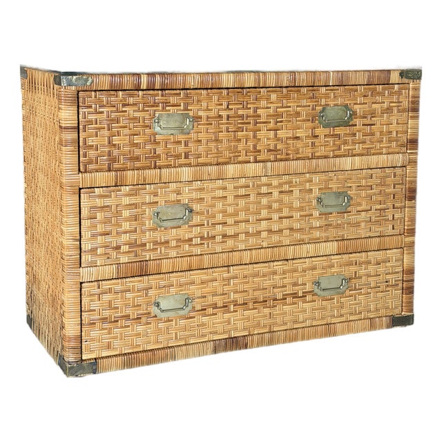 Late 20th Century Refinished Rattan Wrapped Campaign Chest Manner of Bielecky Brothers For Sale