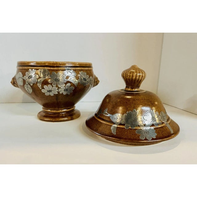 Mid Century Pottery Urn With Metal Accents For Sale - Image 6 of 8