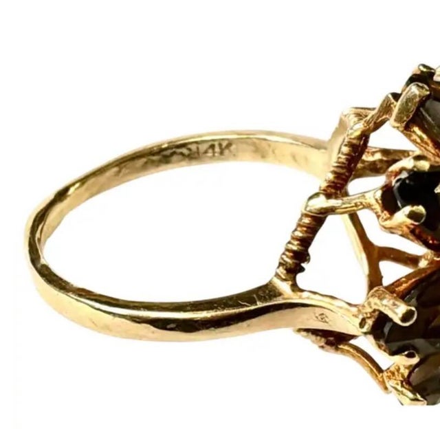 Metal 14k Gold Smoky Quartz and Pearl Floral Cocktail Ring Vintage For Sale - Image 7 of 8