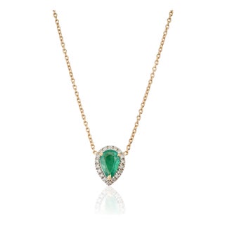 Pear-Shaped Natural Emerald & Diamond Halo Pendant Necklace in 18k Yellow Gold For Sale