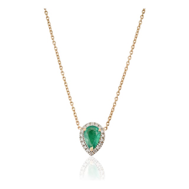 Pear-Shaped Natural Emerald & Diamond Halo Pendant Necklace in 18k Yellow Gold For Sale