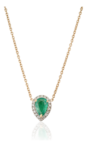 Pear-Shaped Natural Emerald & Diamond Halo Pendant Necklace in 18k Yellow Gold