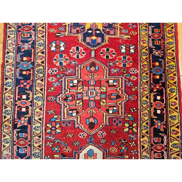 Vintage Persian Heriz Wide Runner, Hand-Knotted Wool, Geometric Design, Red & Navy, 4x12 For Sale - Image 17 of 18