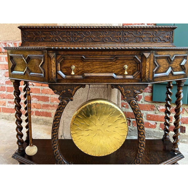 Antique English Console Hall Table Jacobean Carved Oak Barley Twist Gong C1880 For Sale - Image 4 of 18