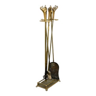 Mid Century Modern Fireplace Tools Solid Brass Elephant Head Gold Metal - 4 Pieces For Sale