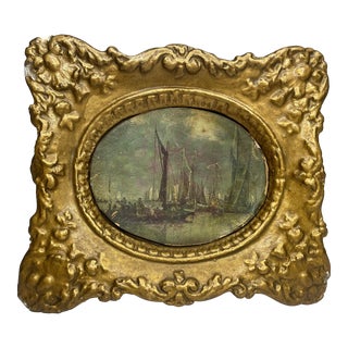 Scottish Harbour Print in Gold Plaster Frame For Sale