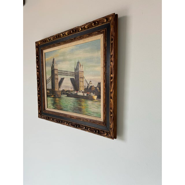 1970's Vintage London Tower Bridge Oil on Canvas Painting, Signed For Sale - Image 4 of 12