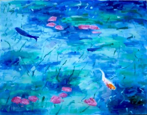Water Gardens — Koi Fish Pond Impressionist Style Oil Painting