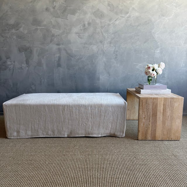 Laguna Slip Covered Ottoman With White Oak Waterfall Style Table For Sale - Image 4 of 10