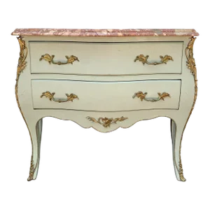 Antique French Louis XV Marble Top Bombay Chest Commode With Mounted Bronze Ormolu