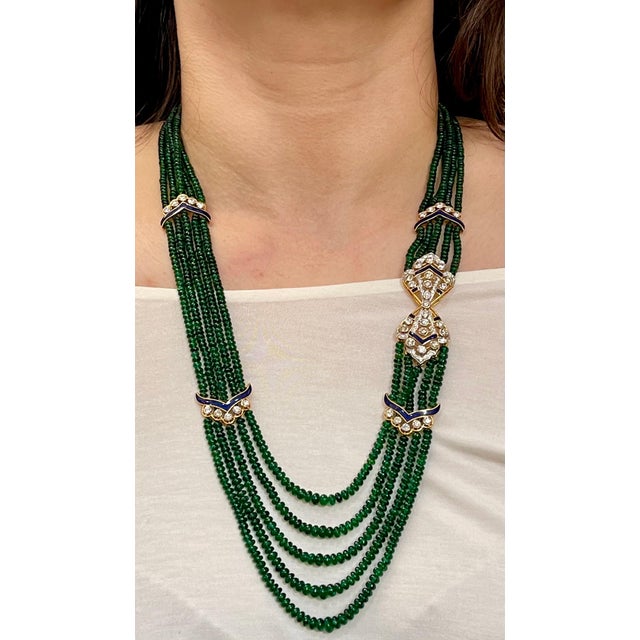 300 Carat 5-Strand Emerald Necklace with 4.8 Carat Diamond & Enamel in 14k Gold For Sale - Image 14 of 18