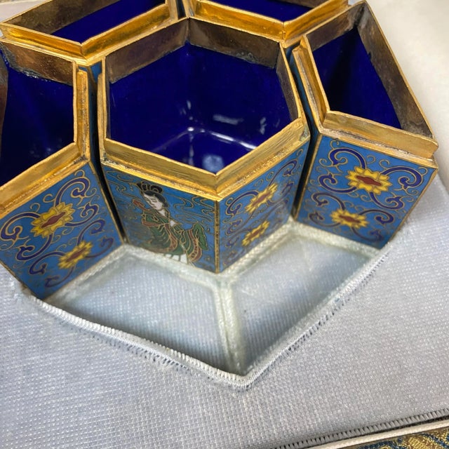 1950s Peking Seven Hexagonal Cloisonné Enameled Trinket Boxes in Original Fabric Box For Sale - Image 5 of 12