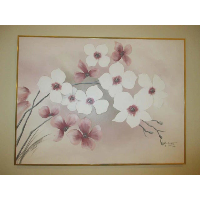 Oversized acrylic on canvas painting of cherry blossoms in a gold metal frame. Painting is signed in bottom right corner....