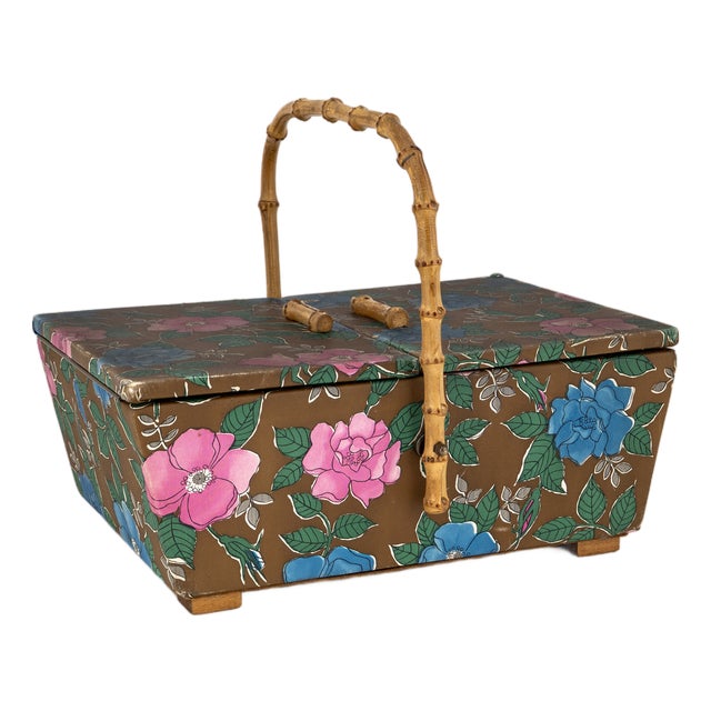 Mid-Century Sewing Basket with Bamboo Handle & Floral Decor, 1970s For Sale
