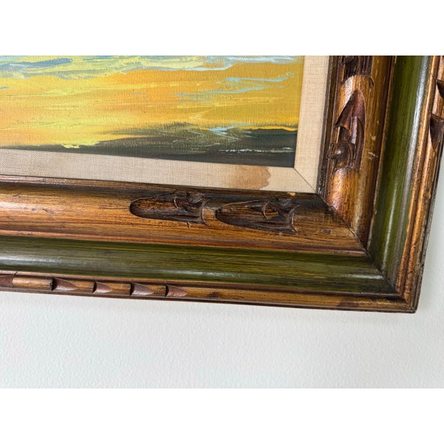 Green 1980’s Vintage Sunset Ocean Landscape Oil on Canvas Painting – Unsigned For Sale - Image 8 of 11