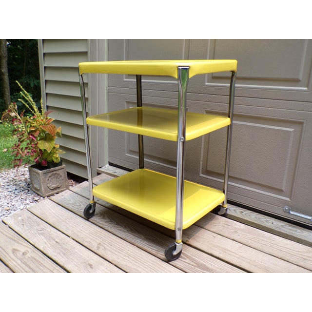 Vintage Industrial Yellow Cosco Chrome Kitchen 3 Shelf Utility Cart With Wheels For Sale - Image 13 of 18
