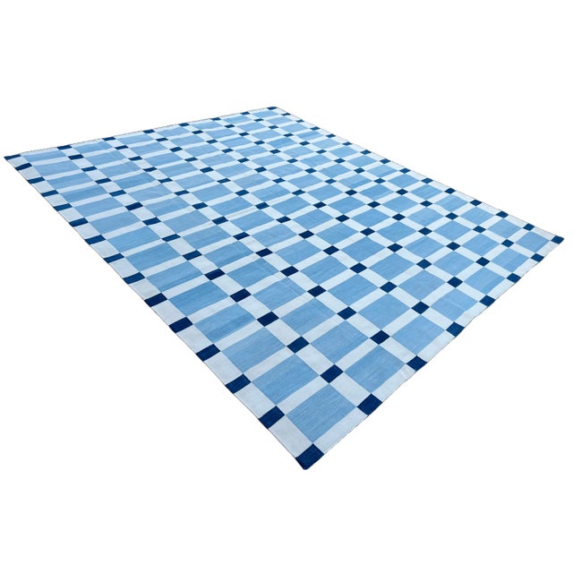Mid-Century Modern Handwoven Cotton Area Rug, Vegetable Dyed, Sky Blue and White Geometric Dhurrie - 9'x12' For Sale - Image 3 of 10