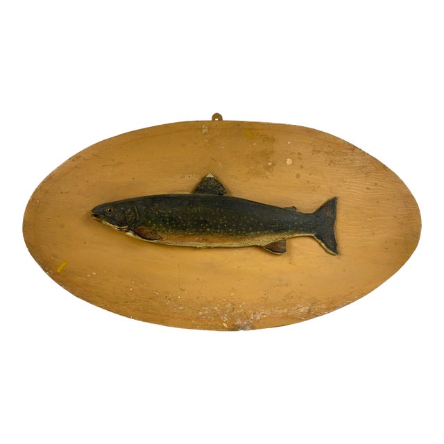 Antique Painted Carved Wood Fish Wall Sculpture For Sale