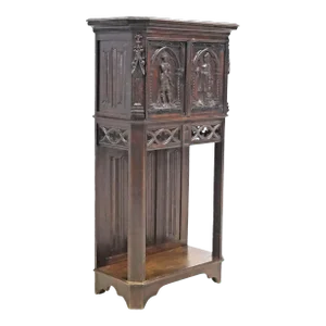 1800s Antique, French, Gothic Revival, Carved Oak, 19th C., Credence Cupboard